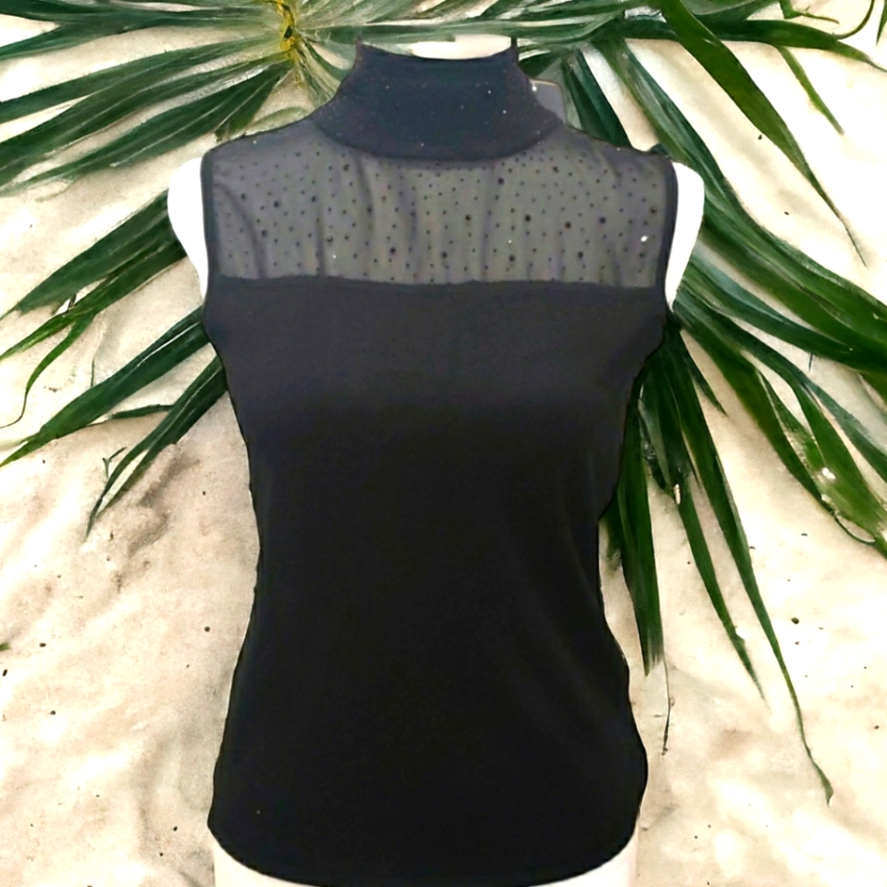 Carmen Marc Valvo Black Beaded Mock Neck Sleeveless Pullover Size SP